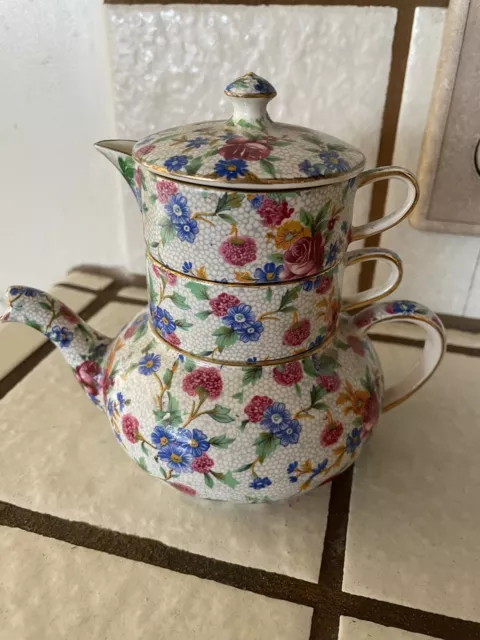 Royal Winton Grimwades England OLD COTTAGE CHINTZ Mini Teapot Stacking Set As Is