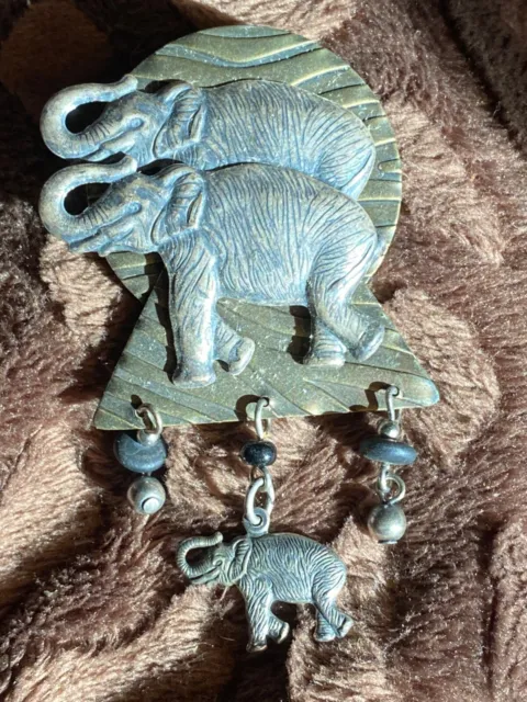 Vintage Silver Tone Elephant Dangle Pin Brooch 2 3/4"
