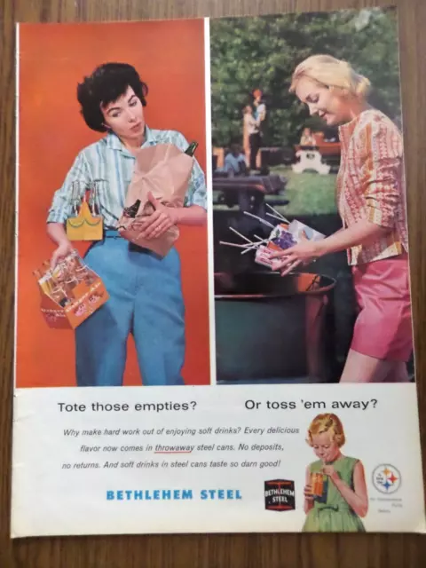 1962 Bethlehem Steel Can Ad Tote Those Empties? or Toss'em Away?