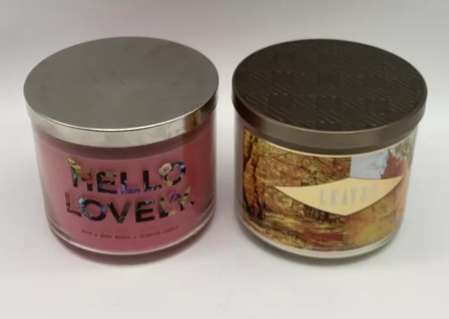 Bath & Body Works Set of 2 Three Wick Jar Candles: Hello Lovely and Leaves