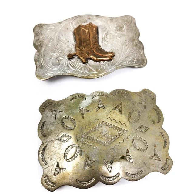 2 Pcs Vintage Old Silver Belt Buckle Set w/ Cowboy Boots and Ornaments