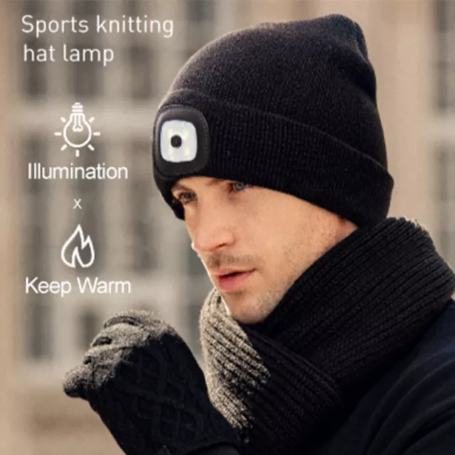 USB Aufladbar LED Licht Wintermütze Warme Strickmütze mit Beanie Mütze Unisex DE 3