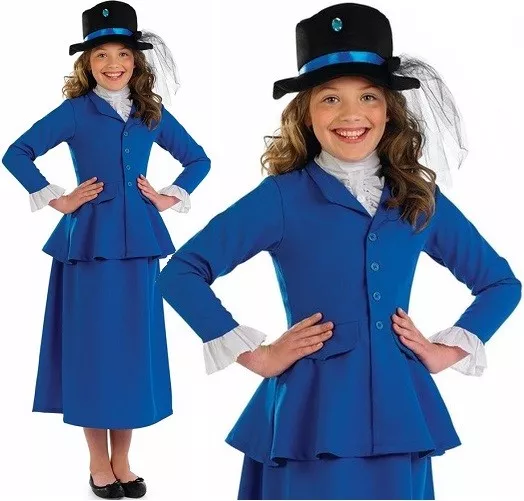 Childs Victorian Nanny Fancy Dress Costume Girls Mary Poppins Blue Outfit fs