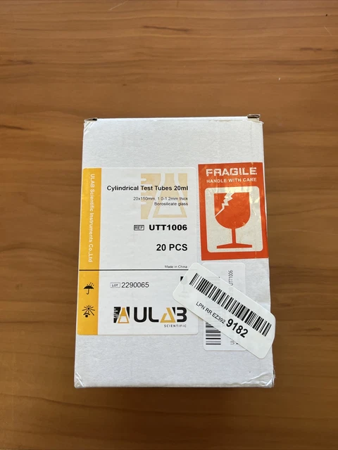 ULAB UTT1006 cylindrical glass test tubes 20ml - 17 x 150mm 1.0-1.2mm thick