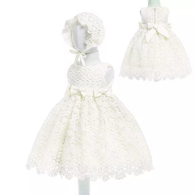 Lace Christening Baby Girls Gown Party Dress and Bonnet 6 12 18 24Months 2
