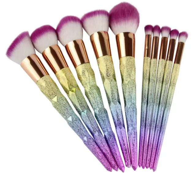 New 10pc Diamond Cut Rainbow Colours Sparkly Full Sized Unicorn Makeup Brush Set