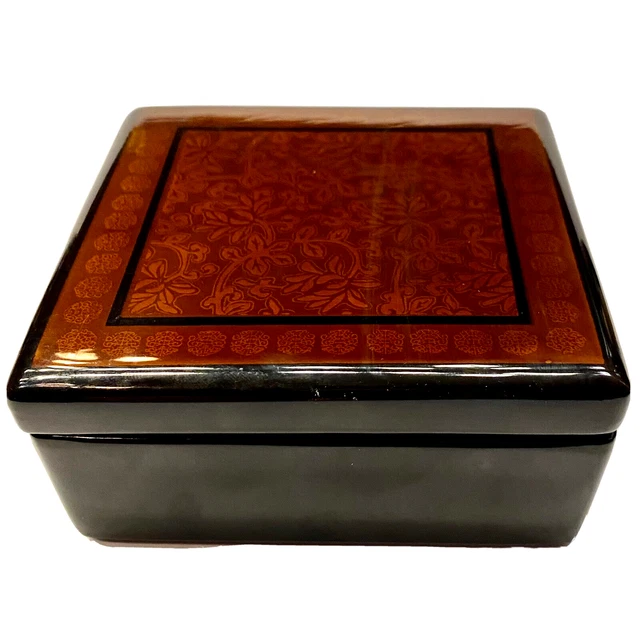 Vintage Japanese Black Lacquer Decorative Keepsake or Trinket Decoupage Box