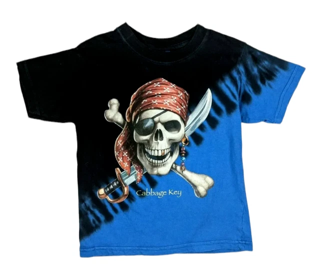 Cabbage Key Pirate Unisex Youth Tie Dye Graphic T-Shirt - Blue Black - Size XS