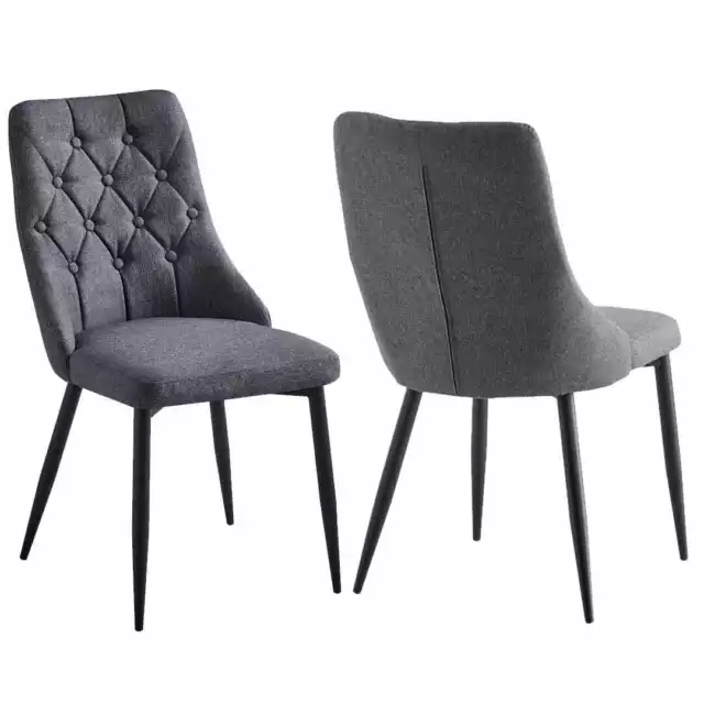 Set of 2 Folk Fabric Linen Dining Chairs with Buttons and  Metal Black legs