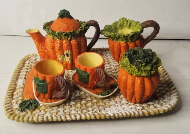 1997 Miniature Mini Tea Pot Set Carrots Vegetable 10Pc Novelty Resin