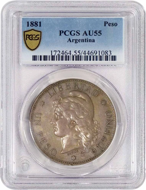1881 Argentina 1 Peso Silver PCGS Secure AU55 About Uncirculated Coin