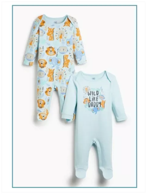 Baby Boys Blue Babygrows 2 Pack Lion & Slogan Jungle Sleepsuits 6-18 Months NEW