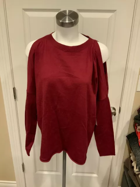 John + Jenn Maroon Thin Knit Cold Shoulder Sweater, Size Medium