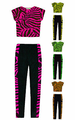 Girls 2 Piece Neon Crop Top & Leggings Set Party Dance Zebra Outfit Age 5-13 Yrs
