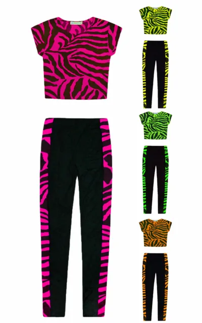 Girls 2 Piece Neon Crop Top & Leggings Set Party Dance Zebra Outfit Age 5-13 Yrs