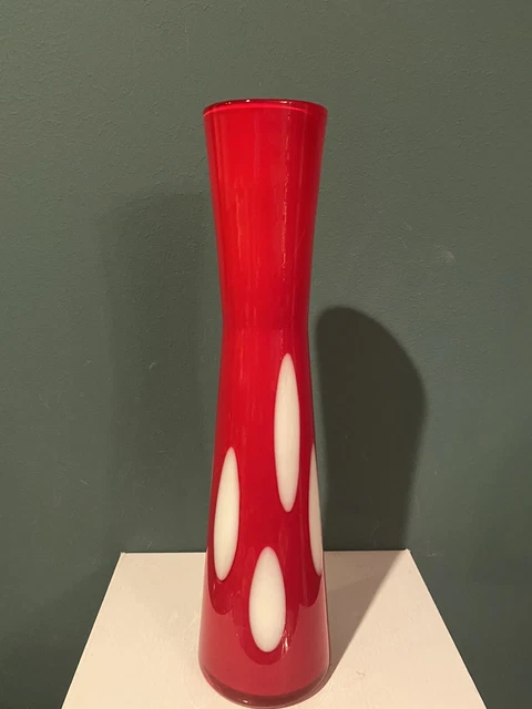 Pier 1 Red with White Dots 15” tall Art Deco Cased Style Glass Vase