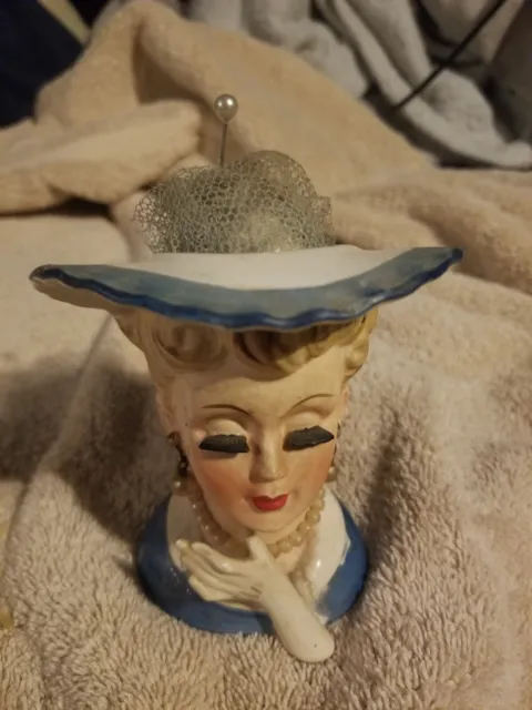 Woman Lady Head Vase Vintage Napco Japan A5046 Blonde Blue Dress White Hat Label