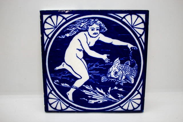 Antique Minton Nude Lady Fish Blue Art Pottery Tile
