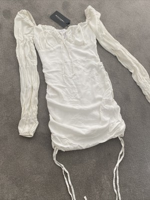 Pretty Little Thing White Linen Tie Bust Detail Ruched Long Sleeve Bodycon Dress