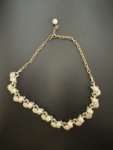 Rhinestone Faux Pearl Necklace with Copper tone chain. 16 inches with extender