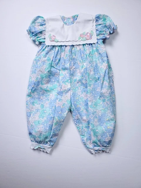 Petit Ami Bubble Romper Cotton Poly Pink Blue Floral Kids Size 12 months Vintage