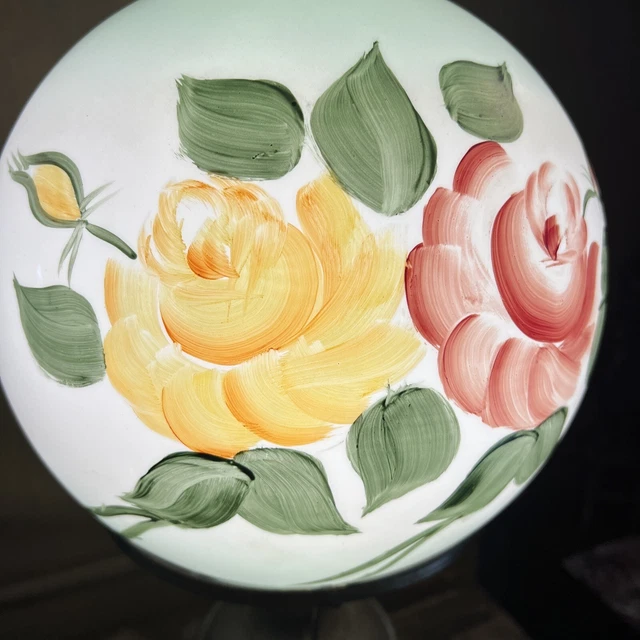 Vtg Hand Painted Green Pink Yellow Roses Glass GWTW Lamp Shade 9”D 4” OD Signed 4