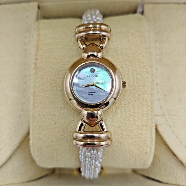 Vintage Geneve Diamond inlay Quartz Watch Women Mother of Pearl Face, UNTESTED Vintage Sharp Genuine Diamond Quartz Ladies Watch Mother Of  main image 4