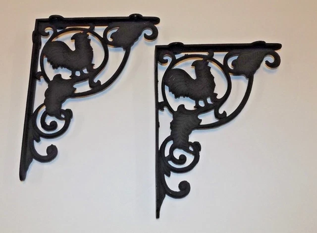 Pair Of "Crowing Rooster" 9 7/8" Cast Iron Shelf Brackets Matte Black 73623Jb