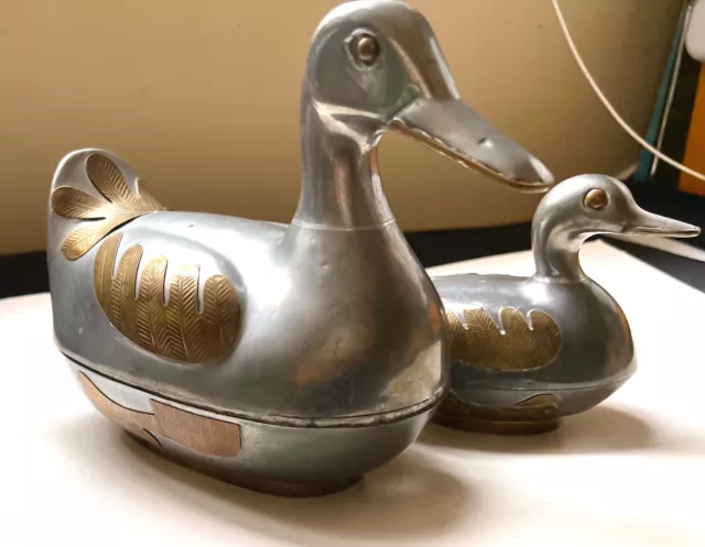 Mama Duck and Baby Duck Vintage Pewter and Brass Trinket Boxes Made in Hong Kong