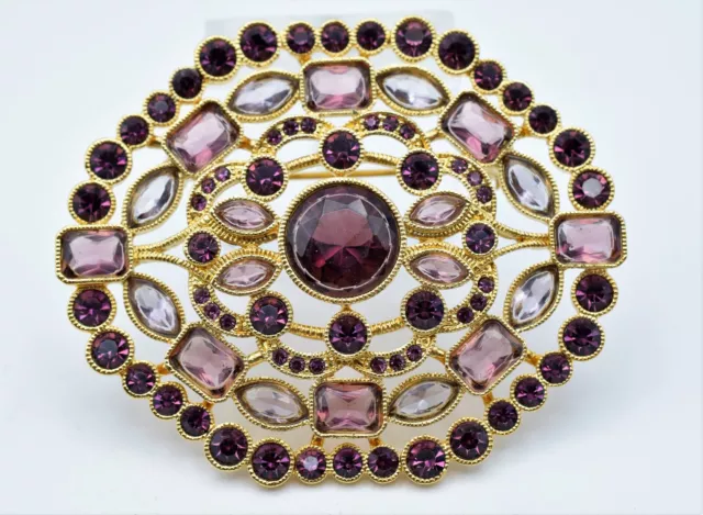 Vintage MONET Gold-tone Metal & Gorgeous Purple Rhinestones Large Pin Brooch