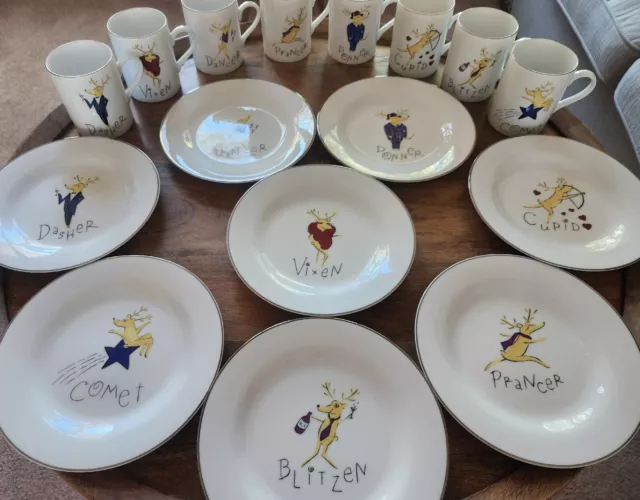 RARE 16pc Pottery Barn Christmas Reindeer Cups Mugs Dessert Salad Plate Set