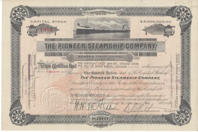 Original Pioneer Steamship Company Stock Certificate Lake County OH Great Lakes