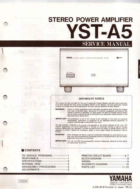 Yamaha YST-A5 Power Amplifier Original Service Manual Money-Back Guarantee