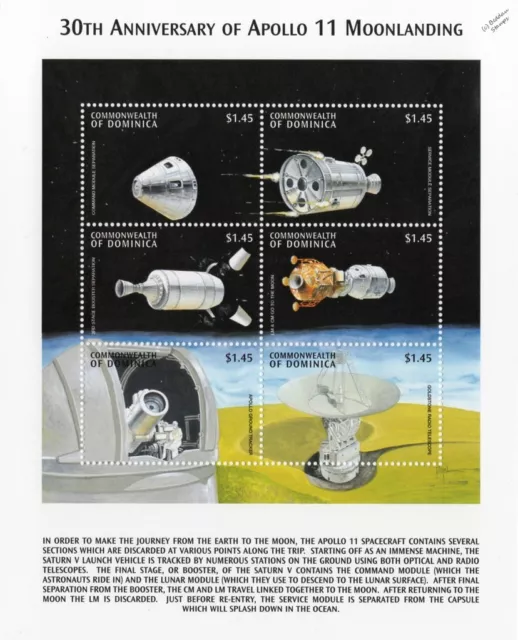 APOLLO XI Moon Landing Spacecraft Modules Space Stamp Sheet (1999 Dominica)