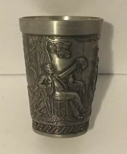 ANTIQUE *GERMAN* Embossed Engraved Solid Pewter Shot Glass Frieling Zinn 2.25”