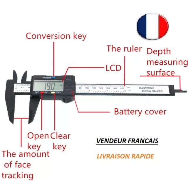 Vernier numérique 150mm, Caliper digital, Pied à Coulisse de précision règle LCD