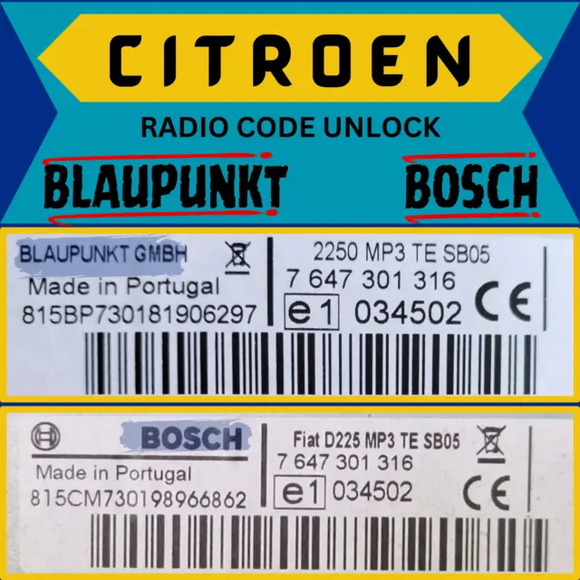 Radio Code Unlock for CITROEN NEMO RELAY XANTIA ZX C3 C4 BLAUPUNKT BOSCH Radio