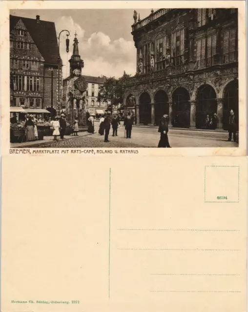 Bremen Stadtteilansicht mit Roland, Marktplatz Café u. Rathaus 1910