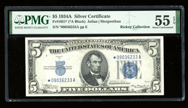 DBR 1934-A $5 Silver STAR Fr. 1651* PMG 55 EPQ Serial *09036233A