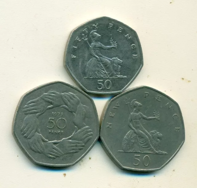3 DIFFERENT 50 PENCE COINS from GREAT BRITAIN - 1969, 1973 & 2001 (3 TYPES)
