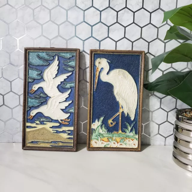 Vintage Royal Delft Porceleyne Fles Cloisonne Hanging Tile Flying Geese Set of 2