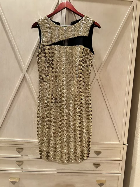 Badgley Mischka Collection  Gold Sequins Knee Cocktail NYE Party Mesh Dress 6