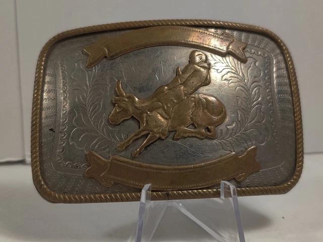 Vintage Nickel Silver Brass Rodeo Roping Bull Riding Cowboy Western Belt Buckle