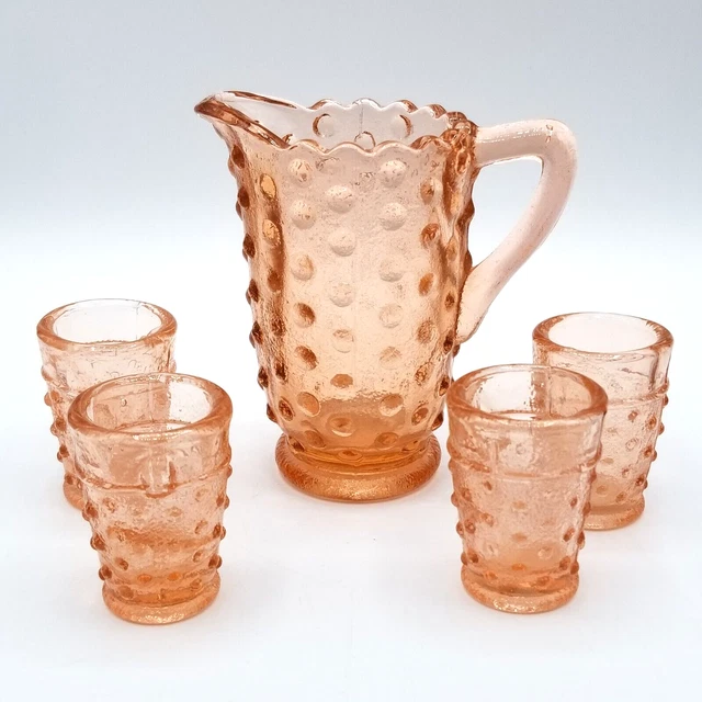 Vintage Miniature Childs Pink Peach Depression Pitcher & 4 Glasses Set Hobnail