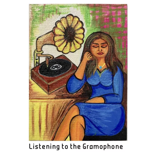 ACEO ORIGINAL PAINTING Mini Collectible Art Card Girl Woman Gramophone Music