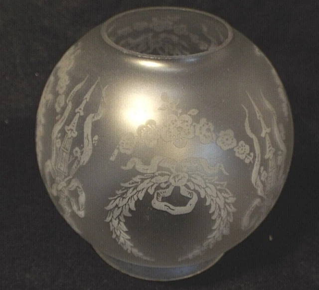 Old Antique GLASS OIL LAMP BANQUET SHADE Mini Ball Frosted FLORAL 3 1/4" Fitter 5