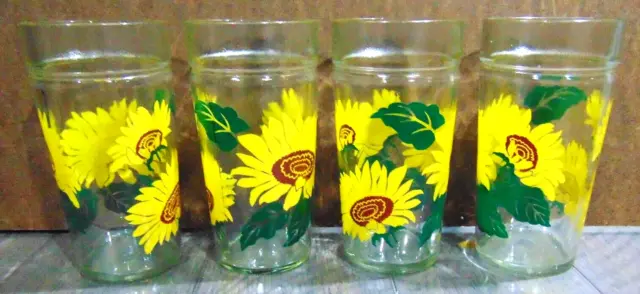 4 Anchor Hocking Sunflower Peanut Butter - Jelly Glasses w The #32 on the Bottom