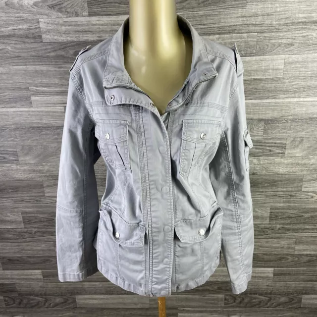 KENSIE  Snap & Zip Up Stretch Pockets Grey Military Jacket Women's Size XL