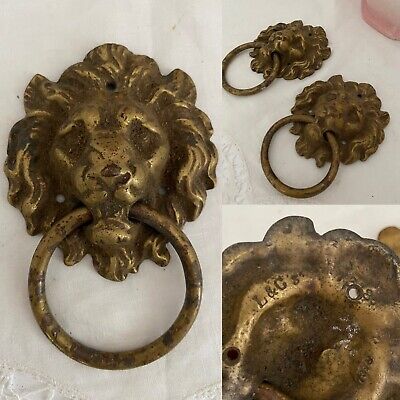 PAIR OLD Large Brass Lion Head Door  Architectural Antique Old Vintage Pulls