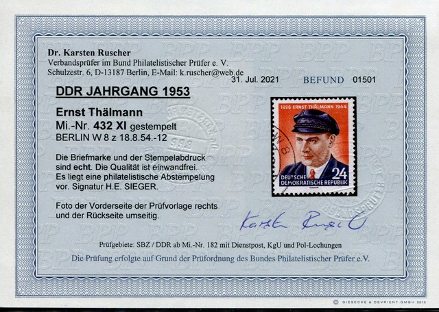 7301) DDR 1953 - Mi.Nr. 432 XI gestempelt, Befund Ruscher BPP! 400.-€